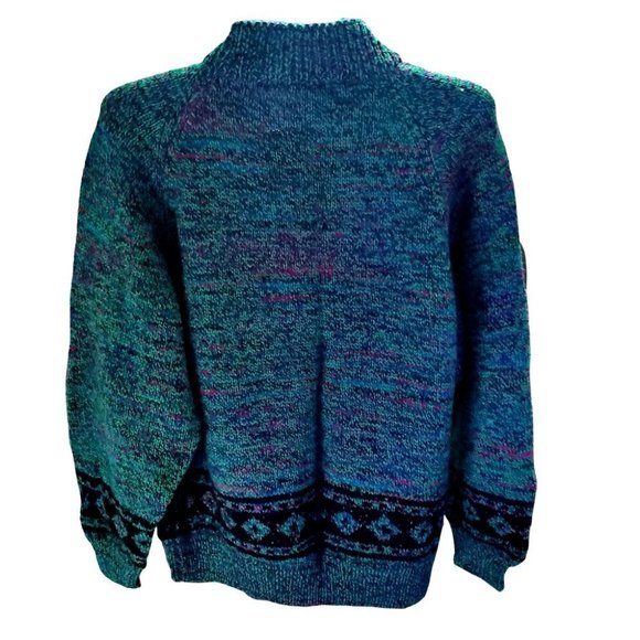 Vintage 90's Fair isle Chunky knit Green-Black Retro Fisherman Mock Neck Sweater - Picture 2 of 7